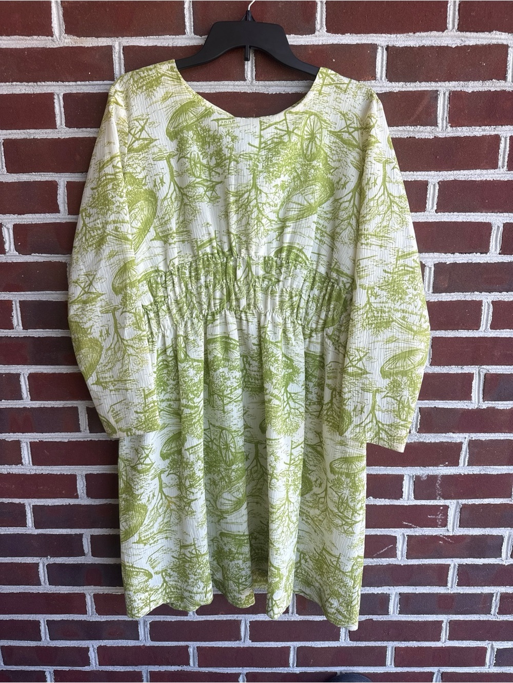 Vintage Green Cream Toile de Jouy Print Dress Smocked Elastic Waist Long Sleeve
